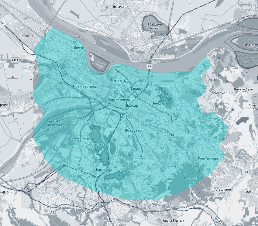 Mapa Beograda - Zona dostave